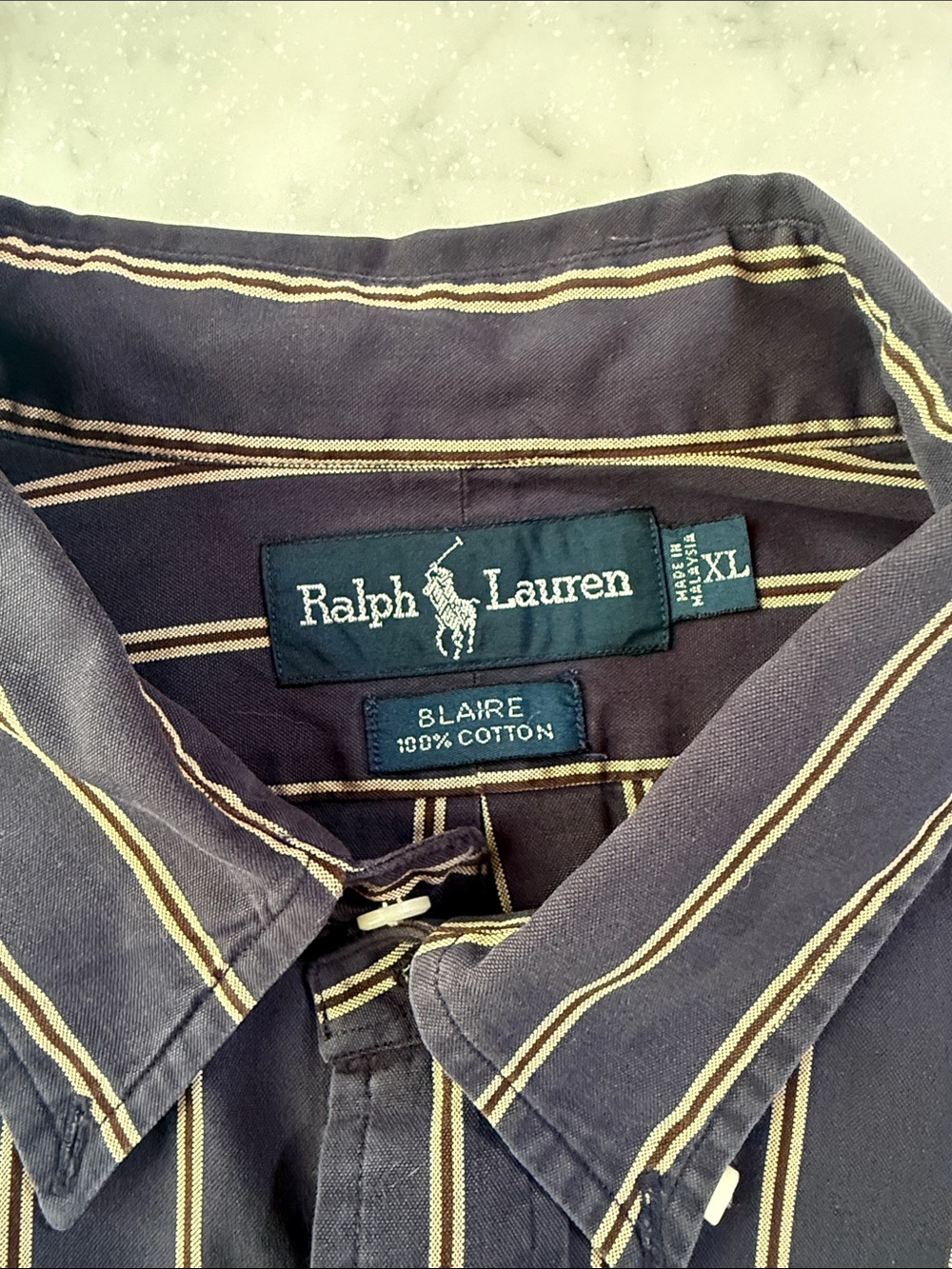 Ralph Lauren Vintage Navy Shirt with Tan Stripes and Embroidered Crest - Picture 3 of 3